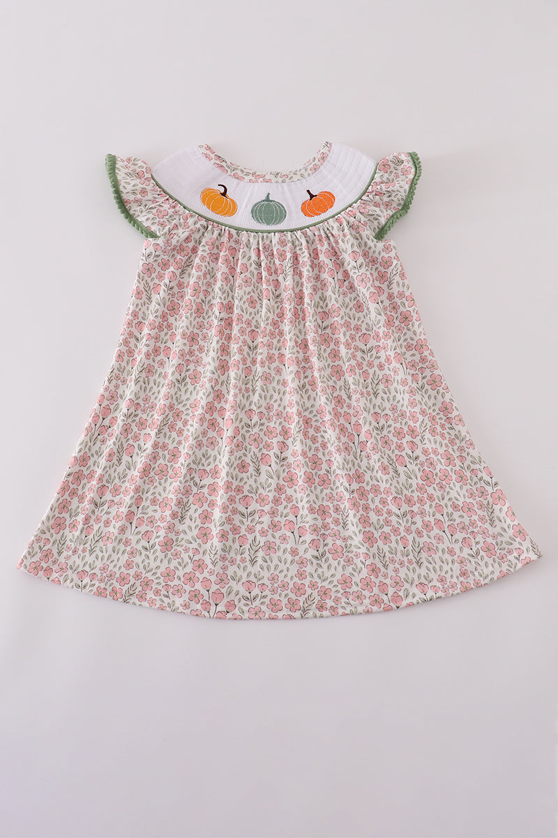 Pink pumpkin smocked floral ruffle pants set