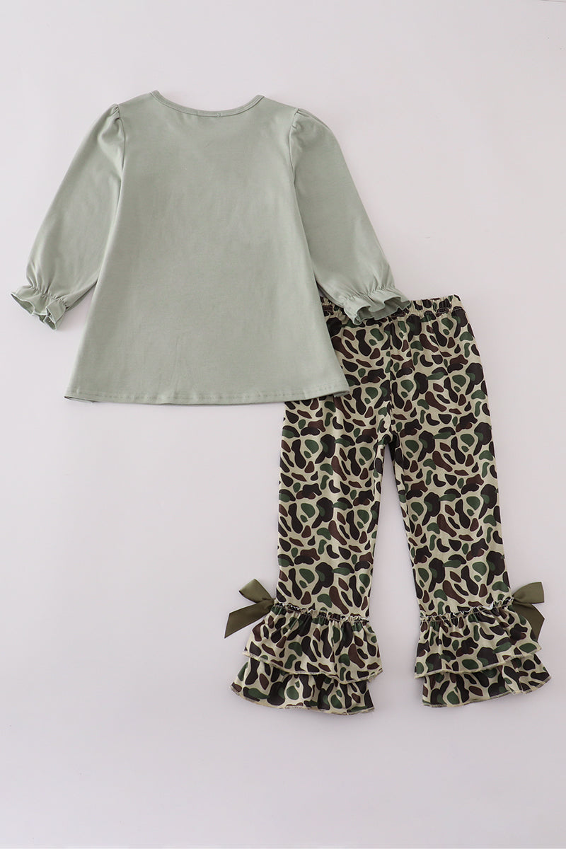 Sage camouflage turkey applique ruffle pants set