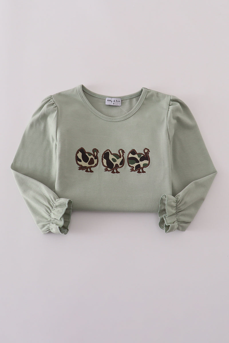 Sage camouflage turkey applique ruffle pants set