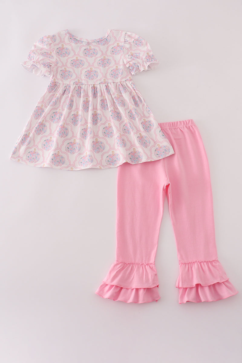 Pink pumpkin embroidery ruffle pants set