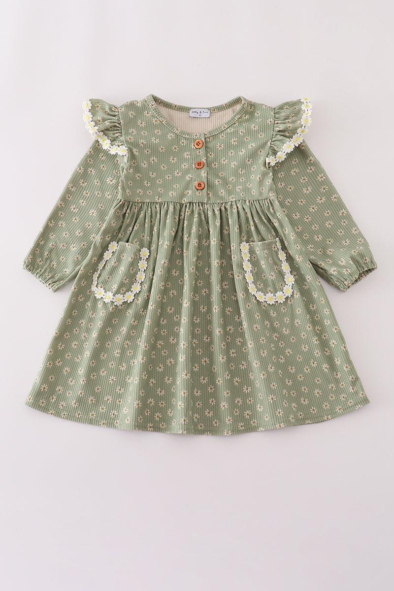 Green corduroy floral lace ruffle dress