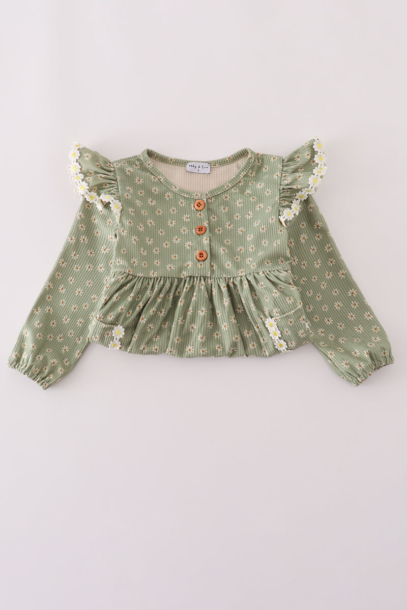 Green corduroy floral lace ruffle dress