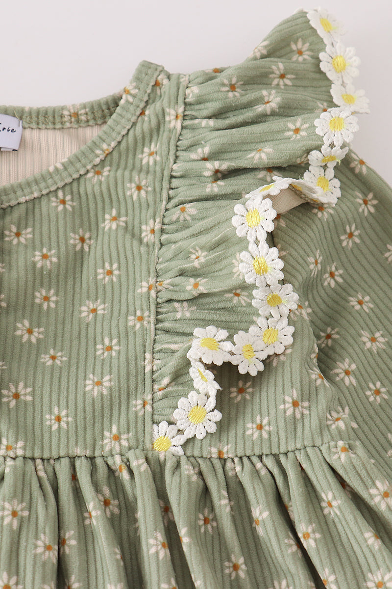 Green corduroy floral lace ruffle pants set
