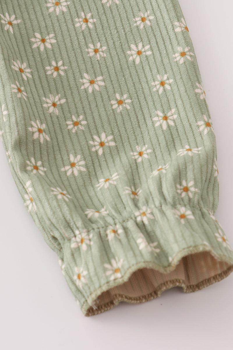 Green corduroy floral lace ruffle pants set