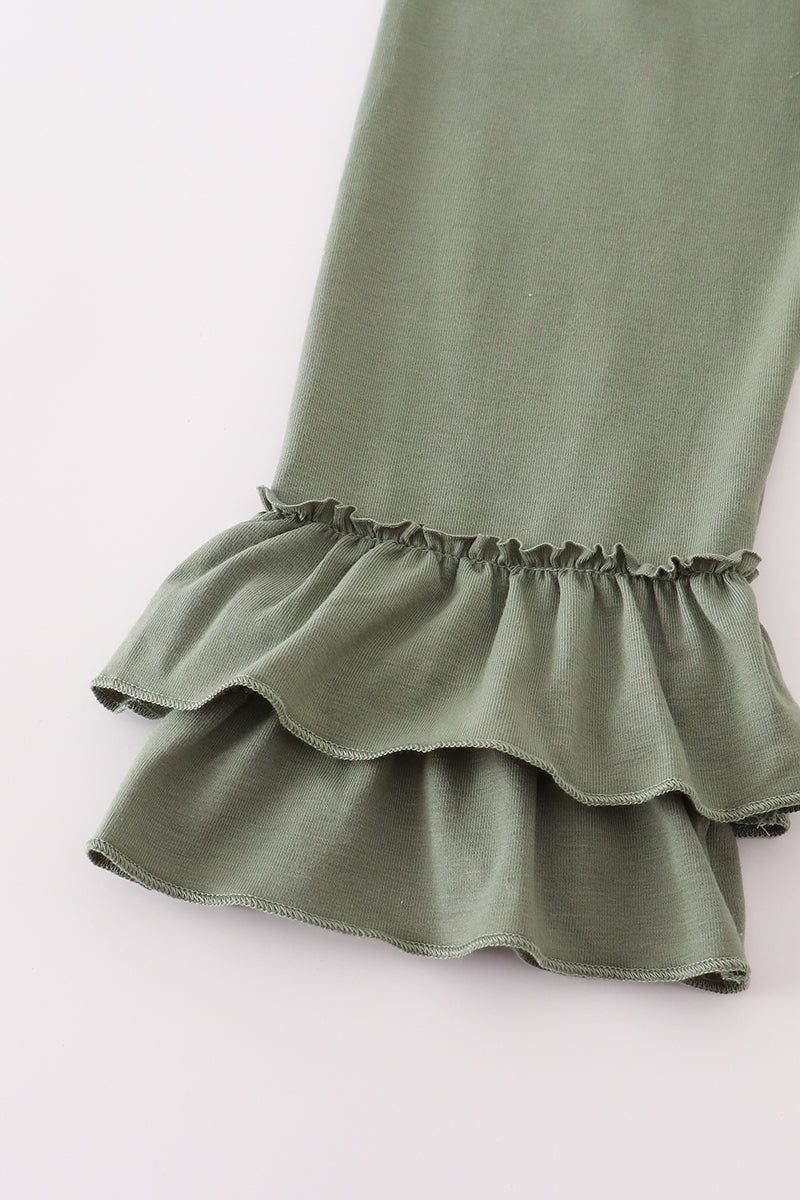 Green corduroy floral lace ruffle pants set