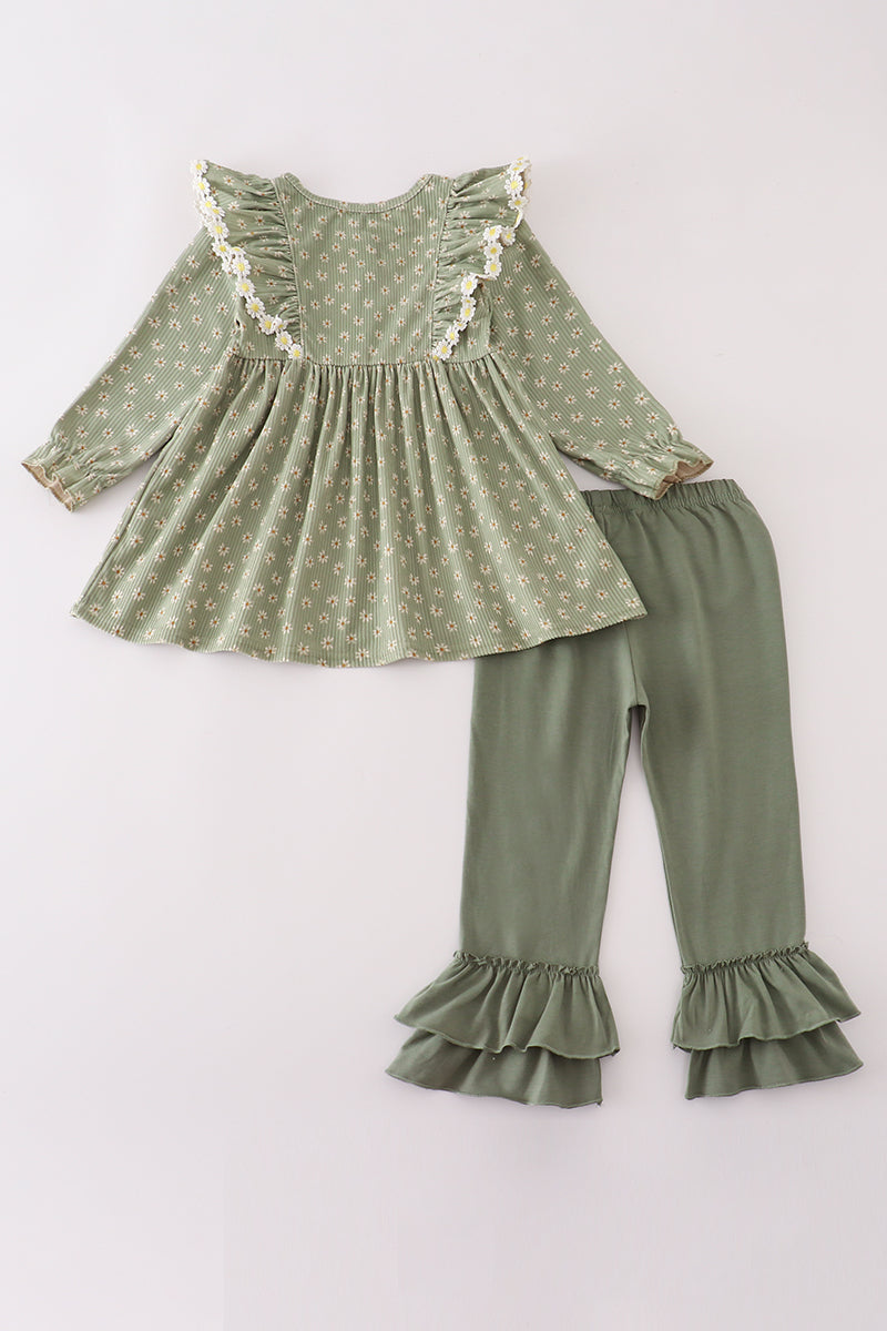 Green corduroy floral lace ruffle pants set