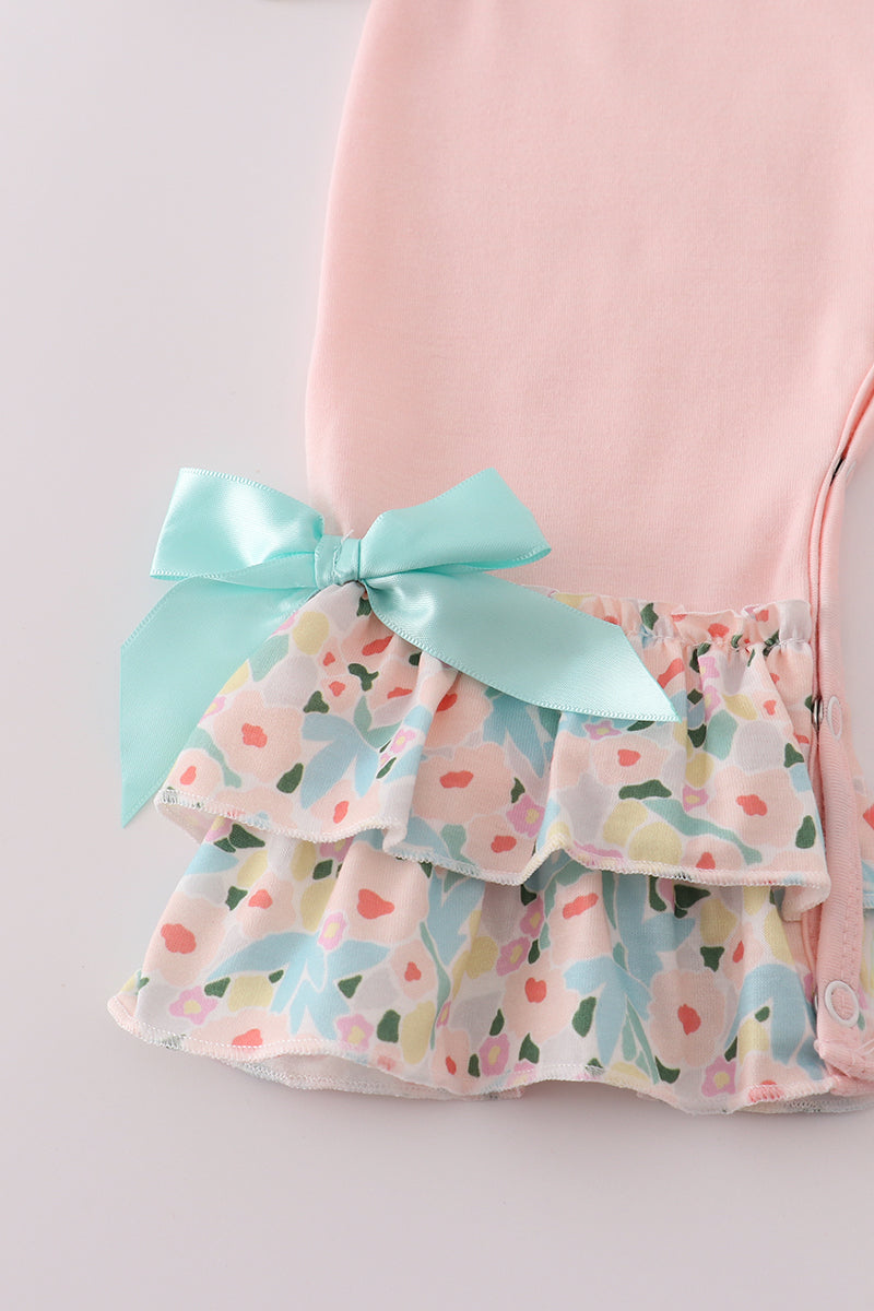 Pink floral print bow applique ruffle romper
