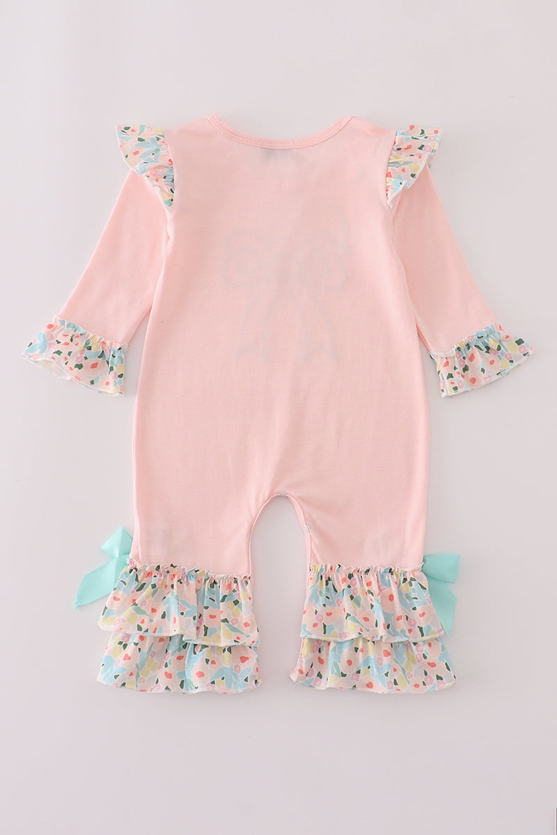 Pink floral print bow applique ruffle romper