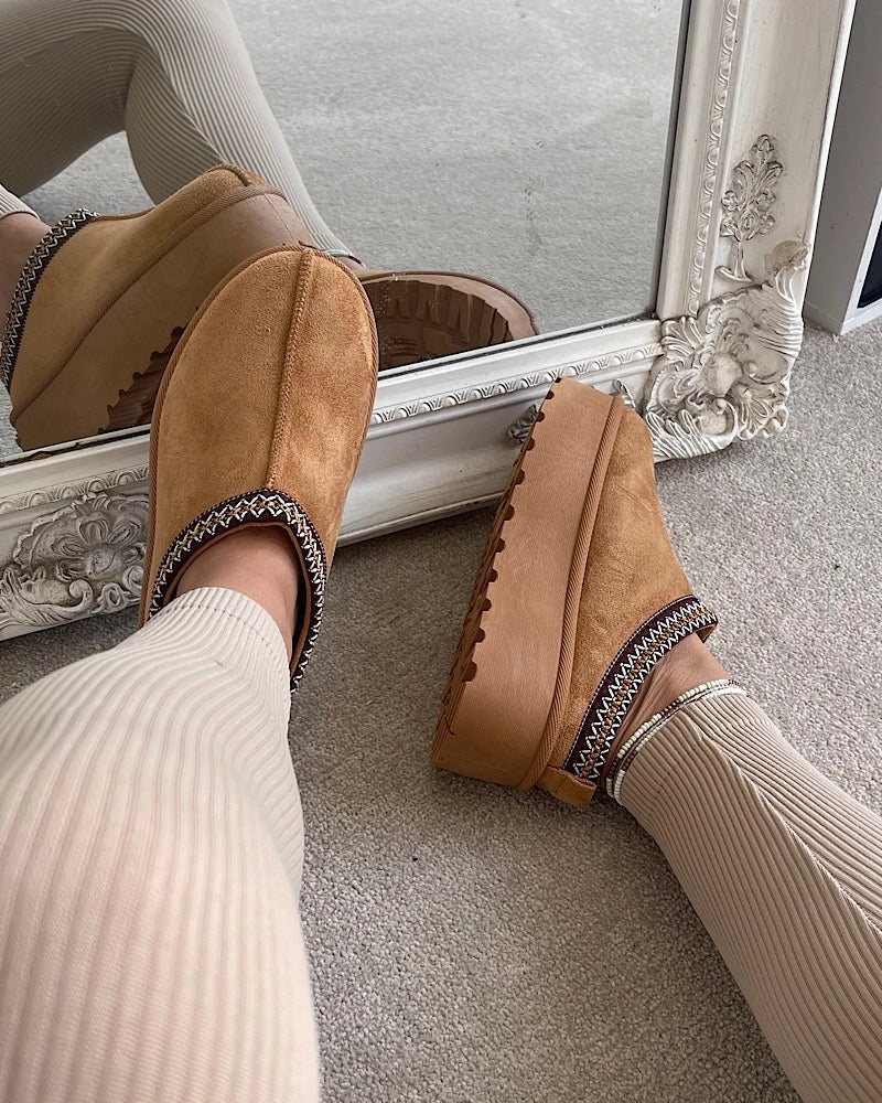 Camel Faux Fur Lined Platform Slippers for Mama