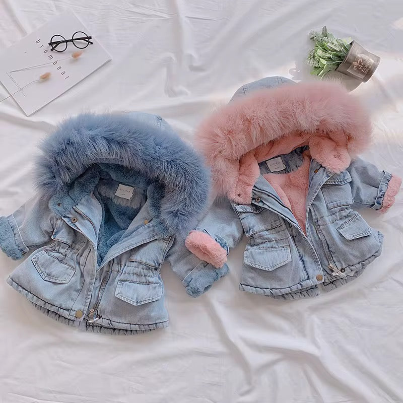 Denim Fur-Lined Hooded Jacket – Blue & Pink