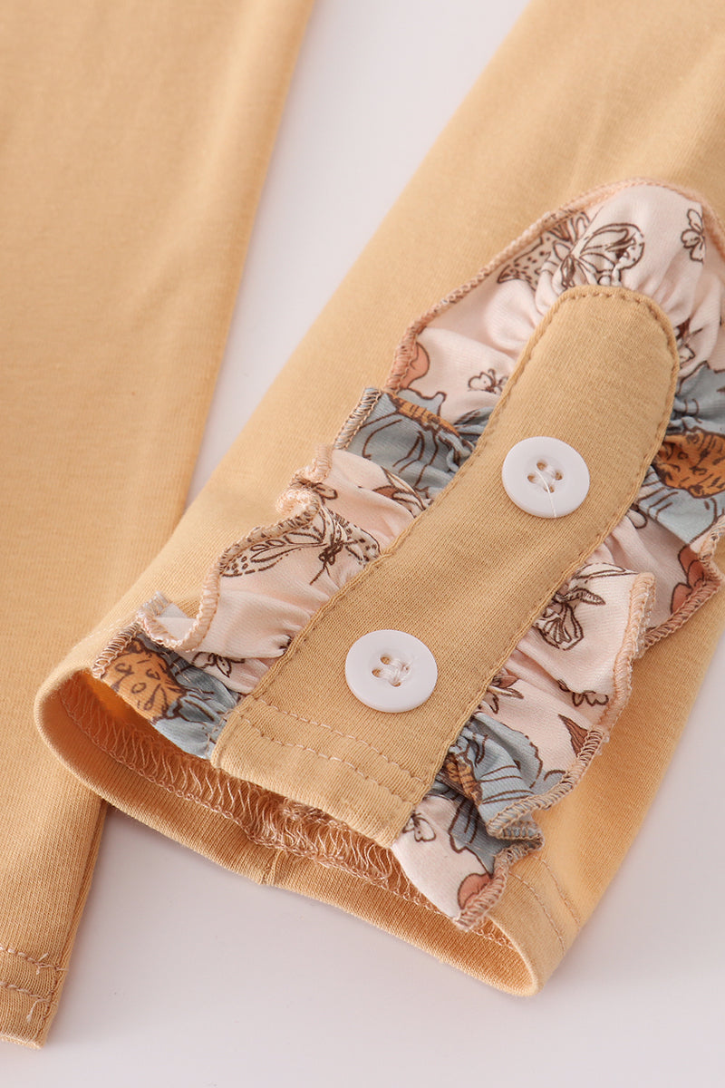 Khaki deer embroidery floral pants set