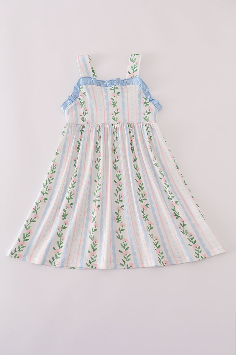 Blue floral print ruffle dress