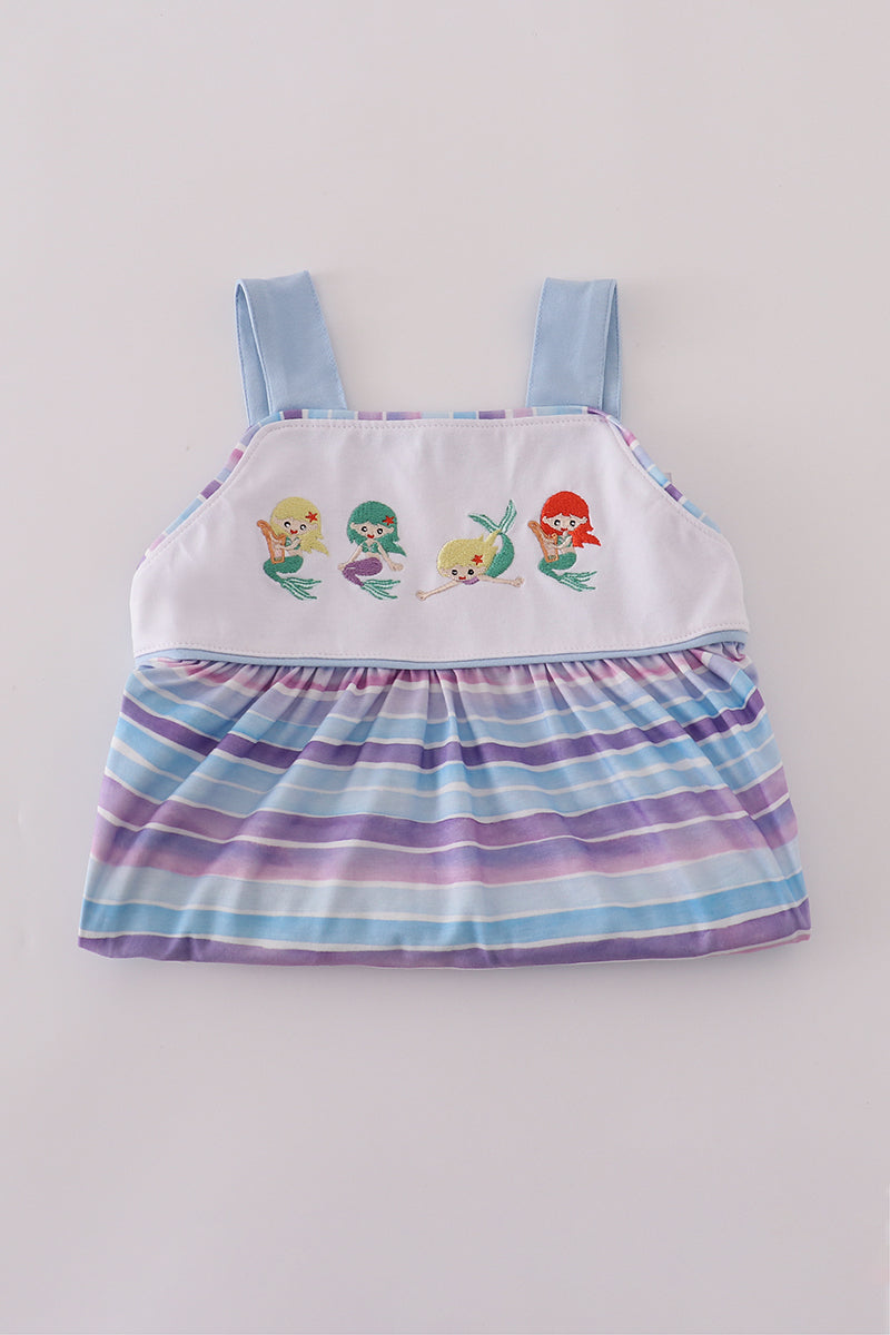 Purple stripe mermaid embroidery ruffle shorts set