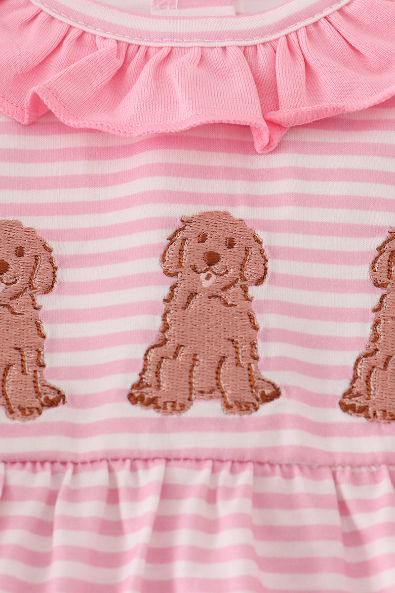 Pink stripe puppy embroidery ruffle bubble