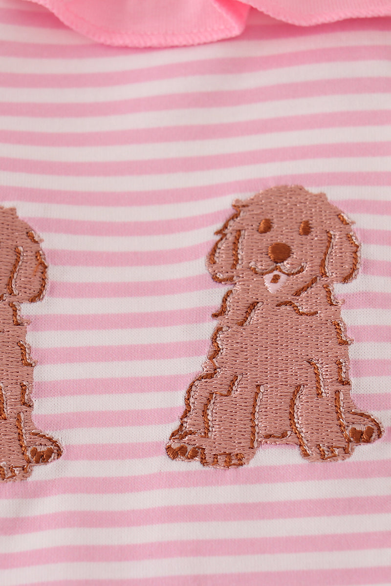 Pink stripe puppy embroidery ruffle pants set
