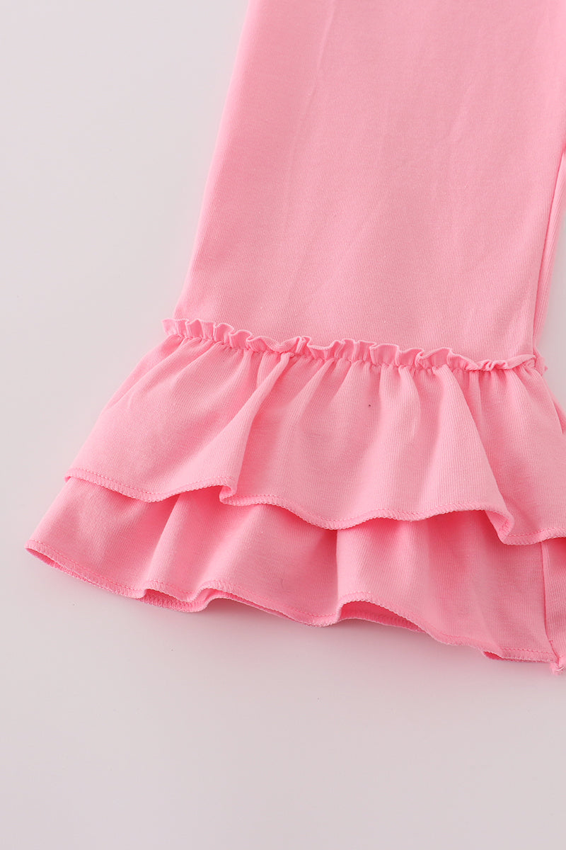 Pink stripe puppy embroidery ruffle pants set