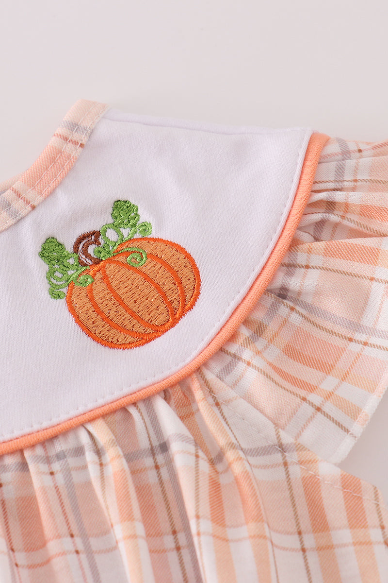 Orange pumpkin embroidery plaid ruffle pants set