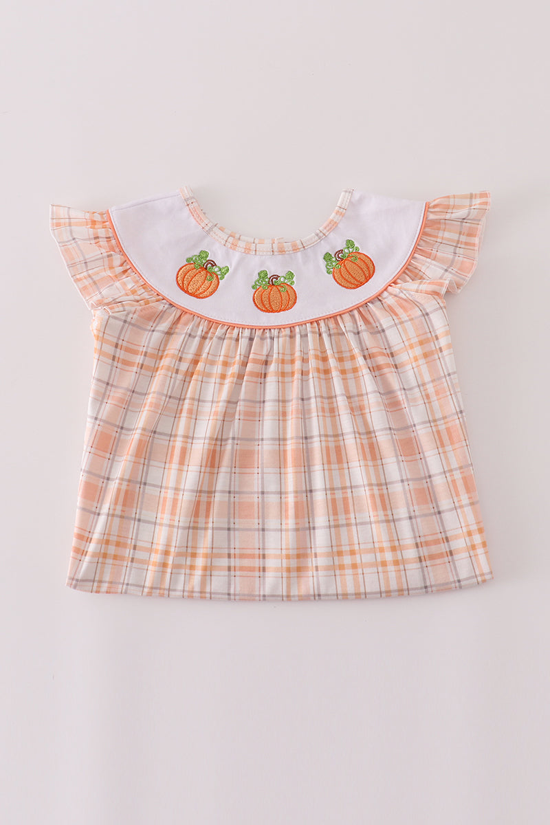 Orange pumpkin embroidery plaid ruffle pants set