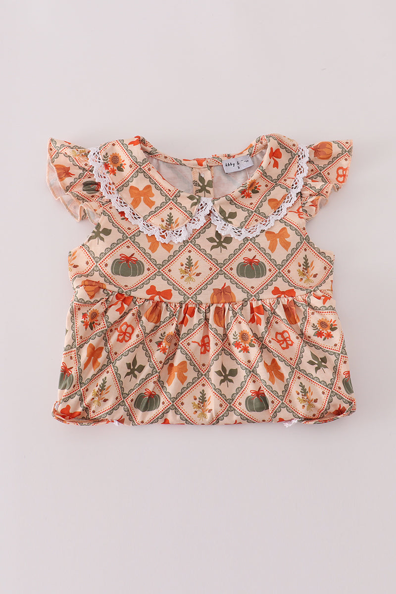 Green pumpkin bow print dress