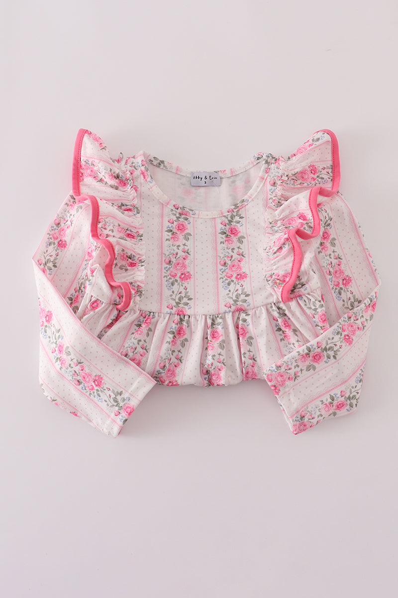 Pink floral print ruffle pants set