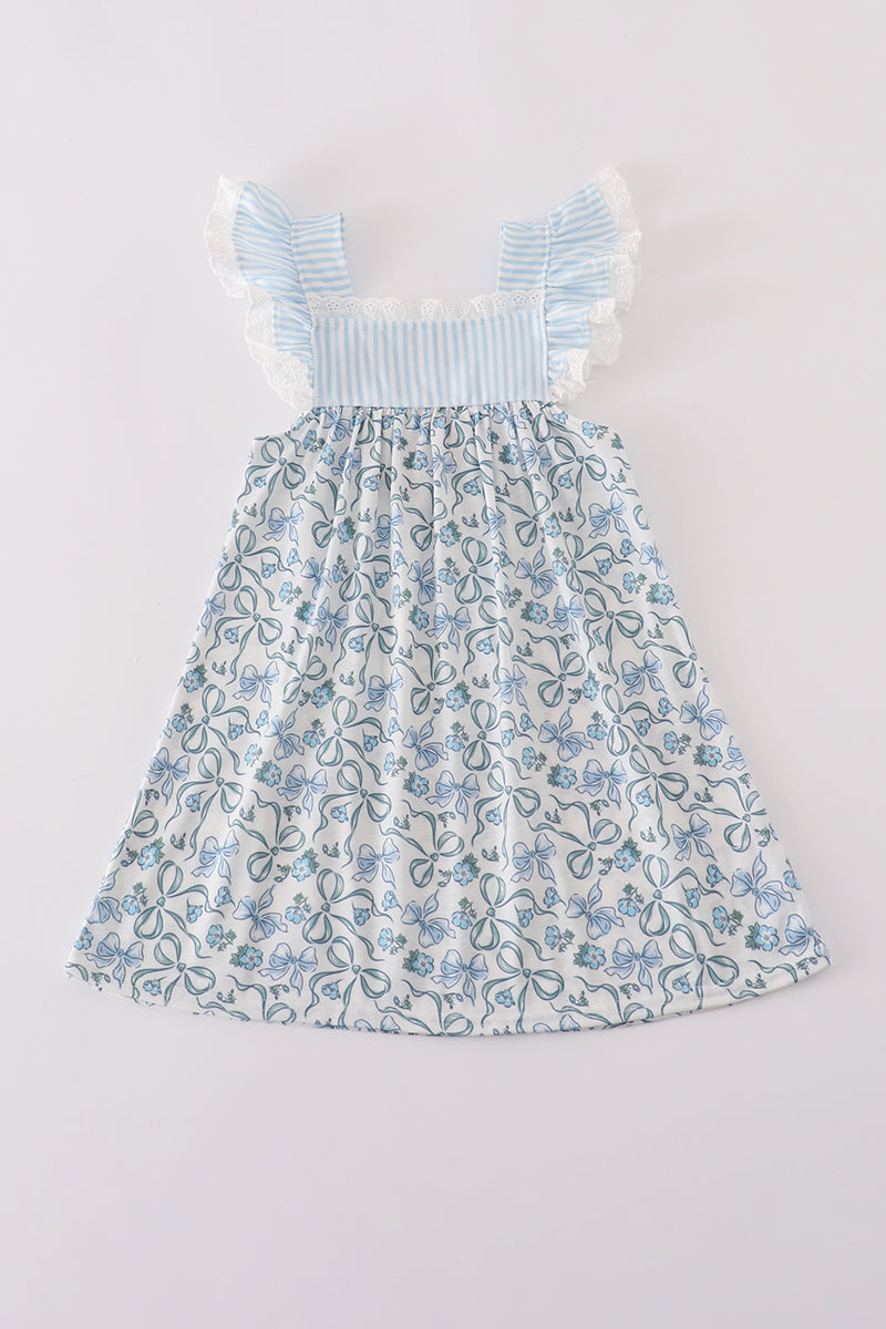 Blue bow & lace print ruffle dress
