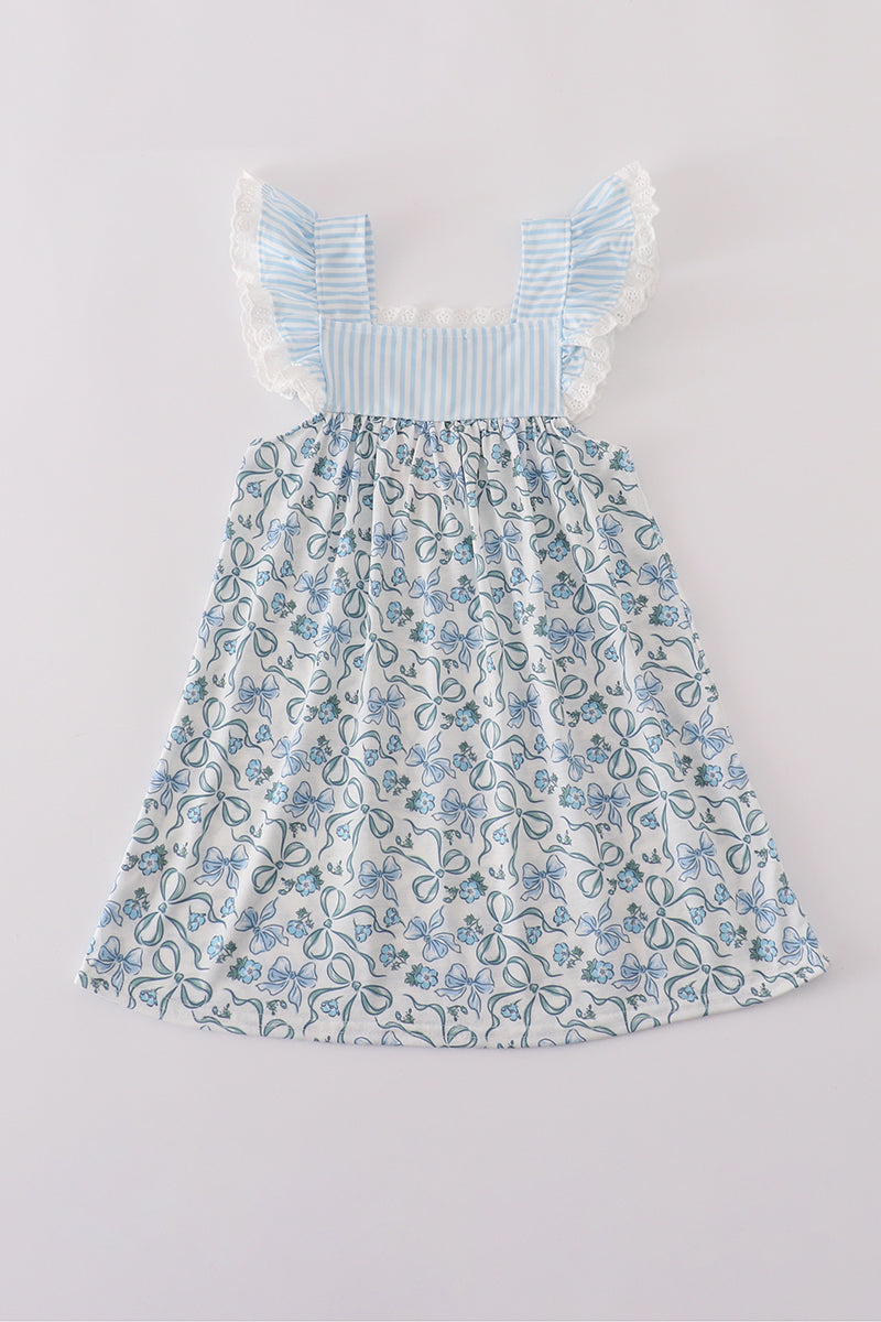 Blue bow & lace print ruffle dress