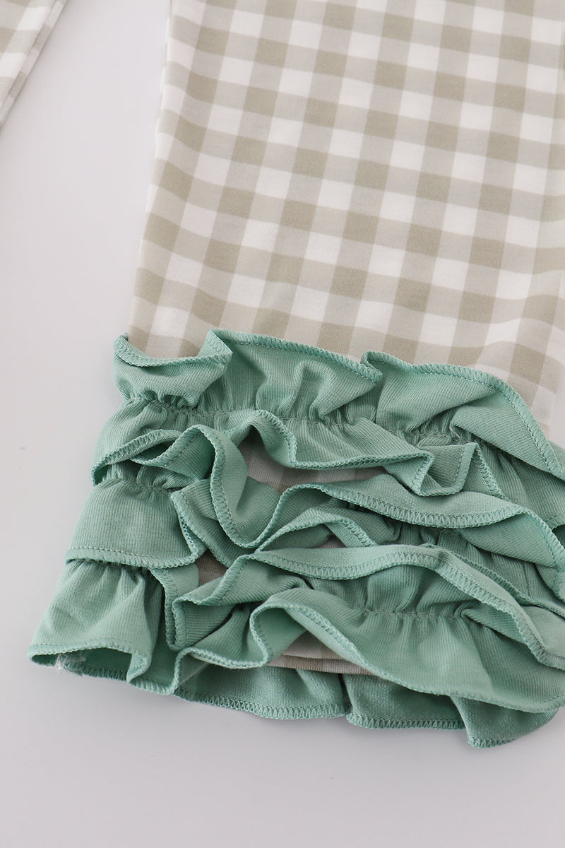 Green duck embroidery ruffle pants set
