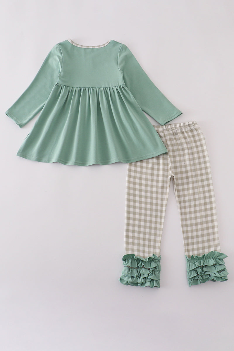 Green duck embroidery ruffle pants set