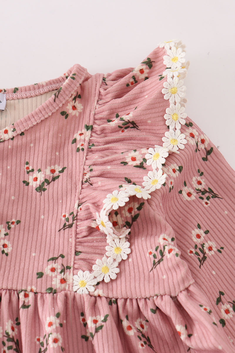 Floral corduroy lace ruffle pants set