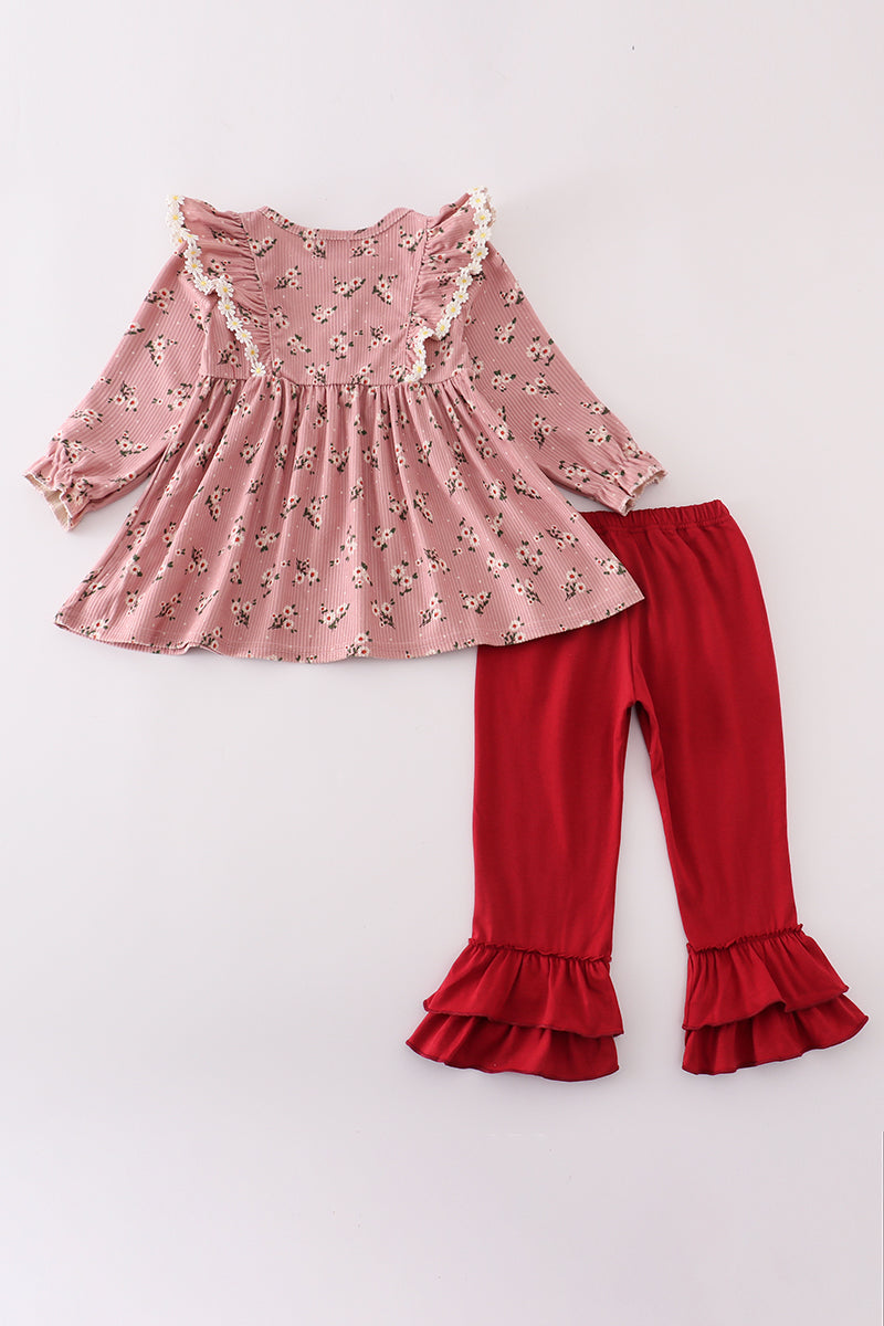 Floral corduroy lace ruffle pants set