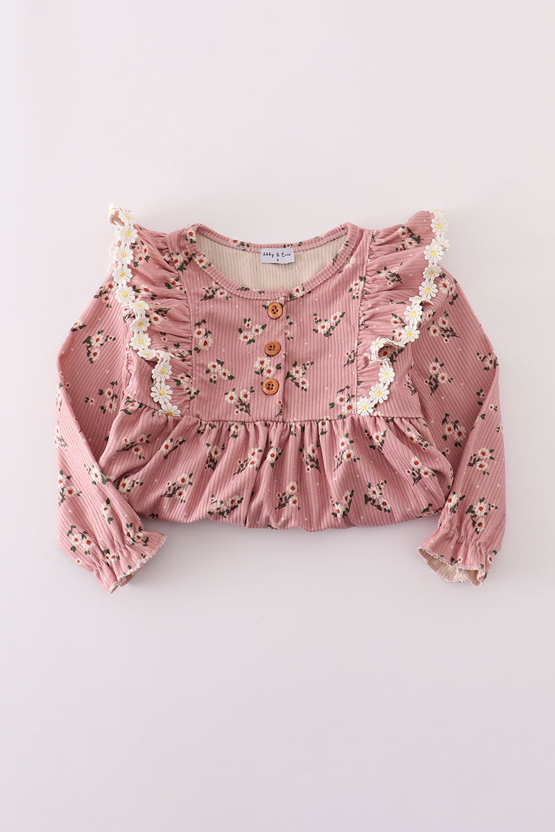Floral corduroy lace ruffle pants set