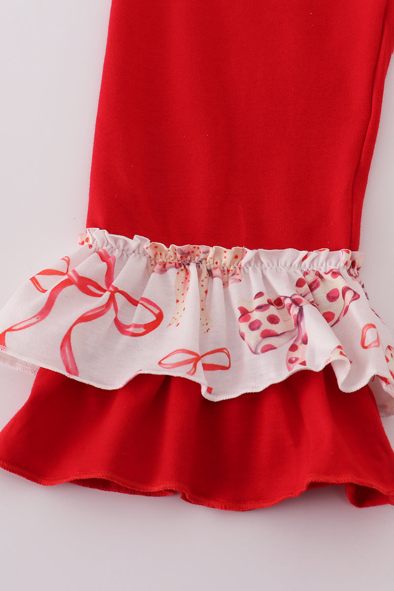 Red bow smocked ruffle pants set