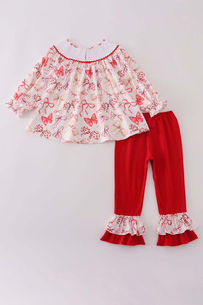 Red bow smocked ruffle pants set