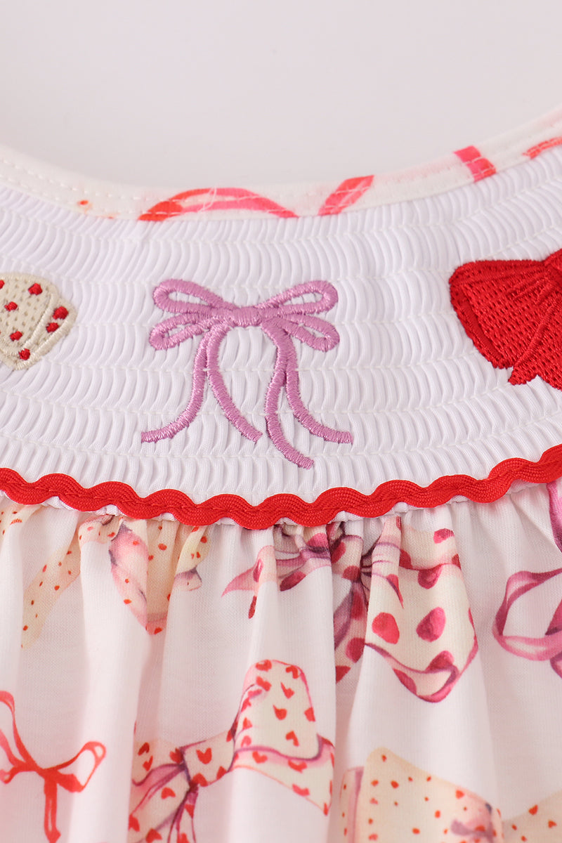 Red bow smocked ruffle pants set