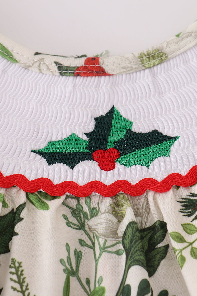 Green holly floral smocked ruffle pants set
