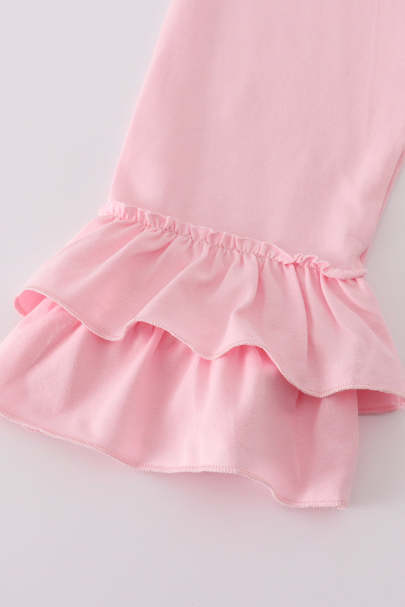 Pink turkey embroidery stripe ruffle pants set