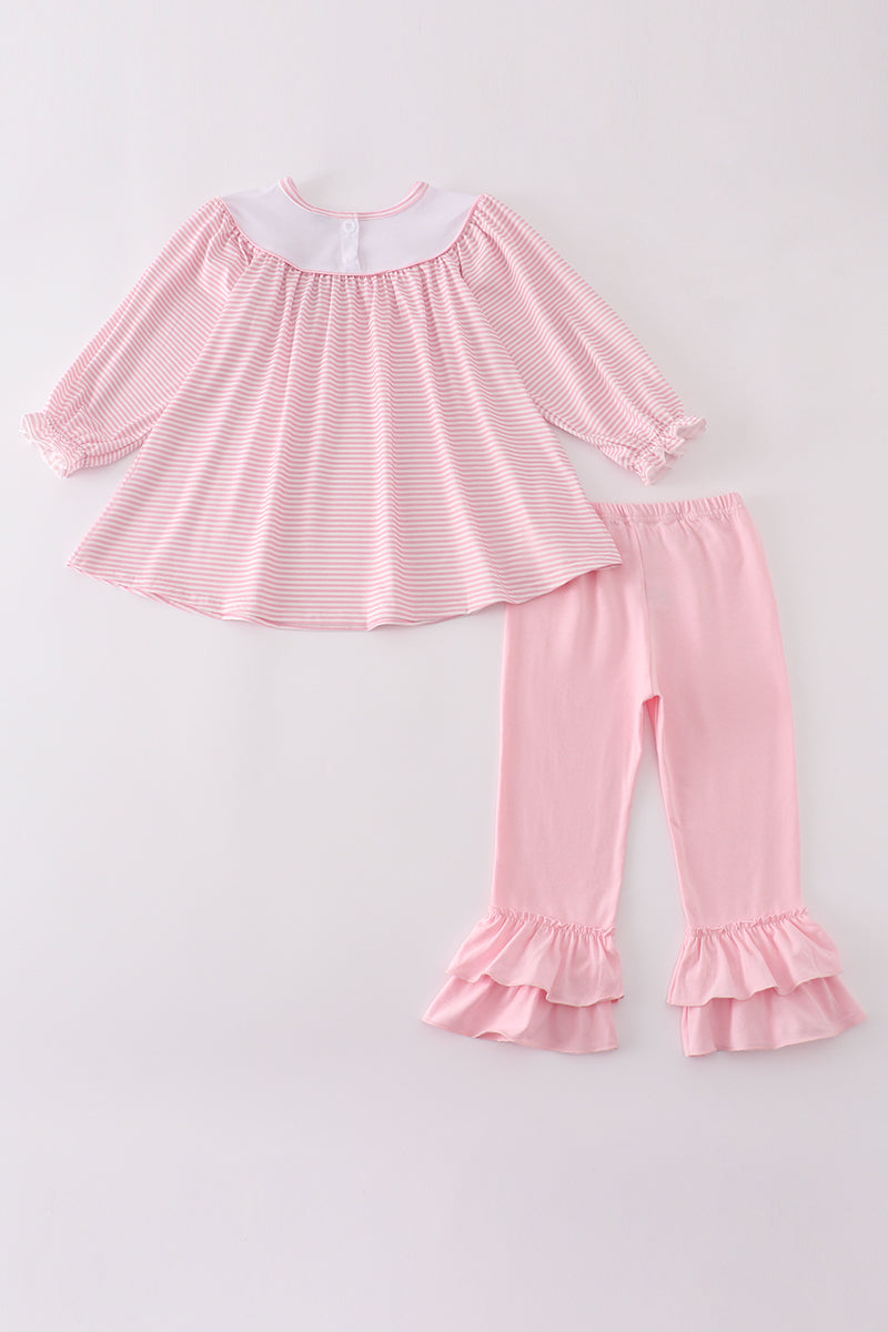 Pink turkey embroidery stripe ruffle pants set