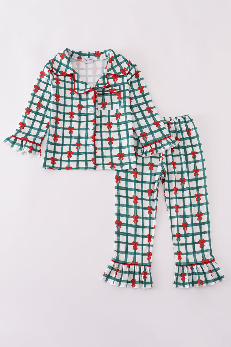 Green bow plaid ruffle pajamas set