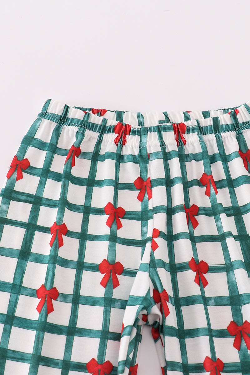 Green bow plaid ruffle pajamas set
