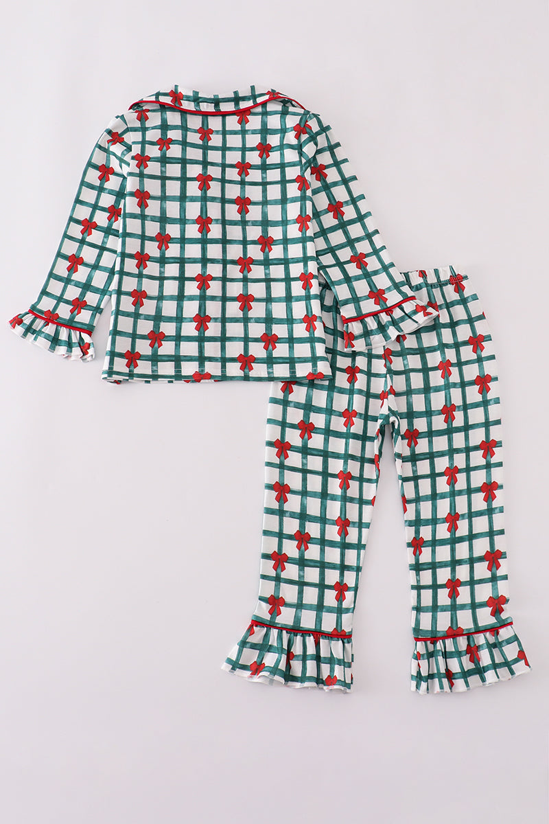 Green bow plaid ruffle pajamas set