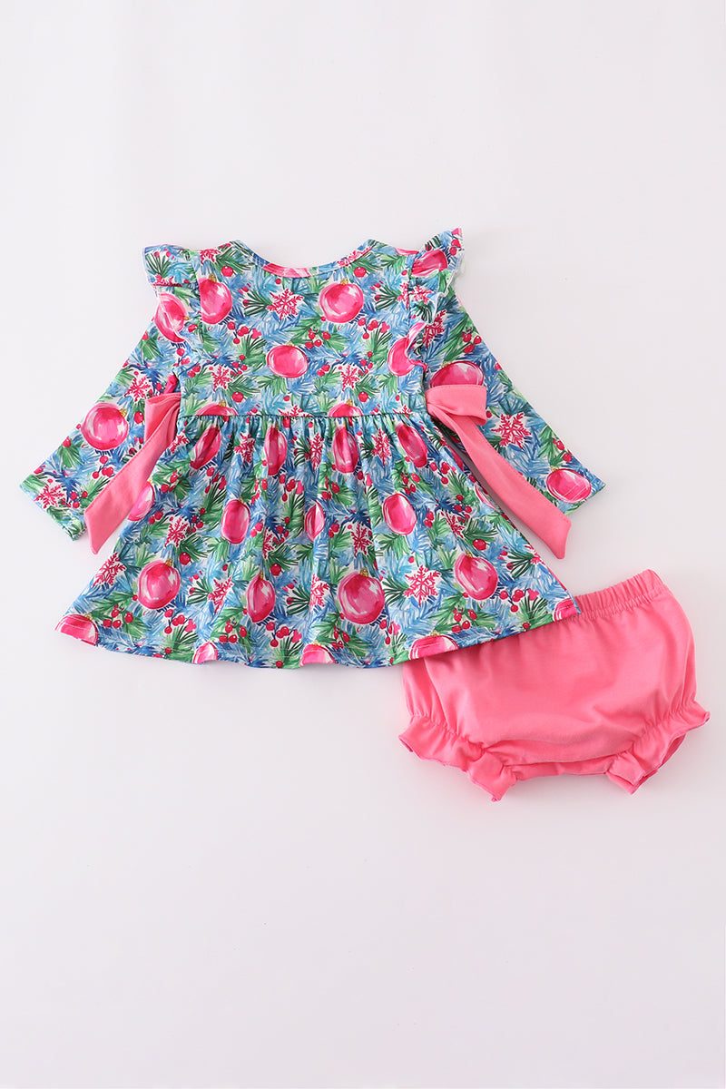 Blue christmas tree smocked ruffle bloomer set
