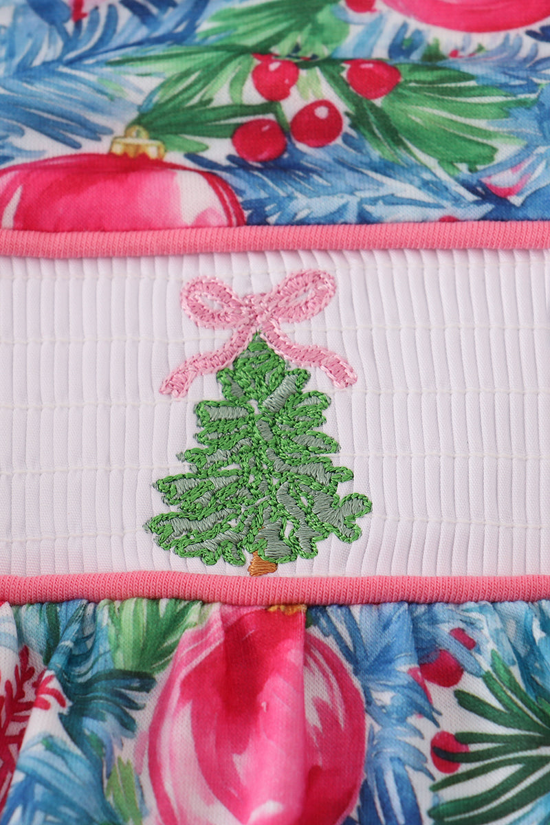 Blue christmas tree smocked ruffle bloomer set
