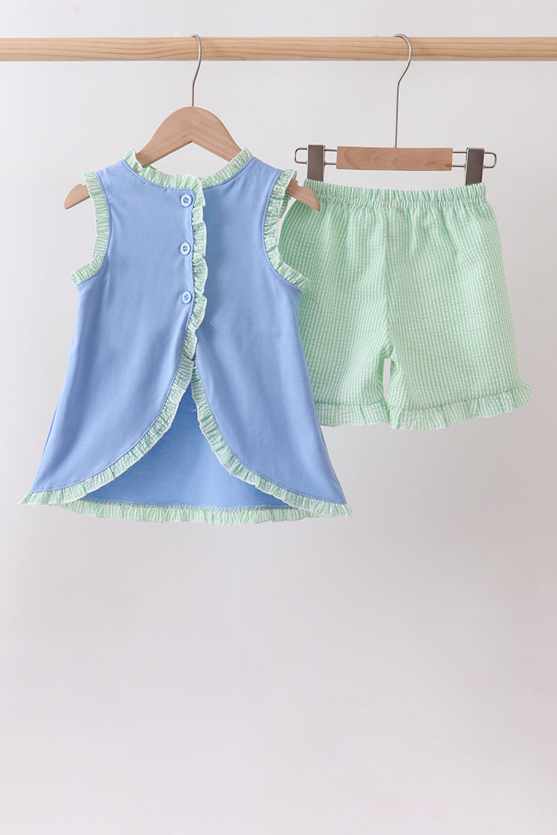 Blue Tractor Applique Seersucker Set