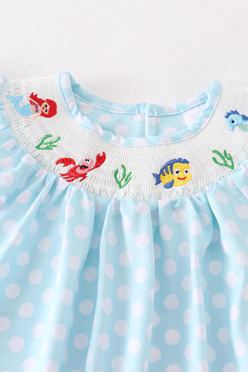 MINT GREEN POLKADOT MERMAID SMOCKED DRESS