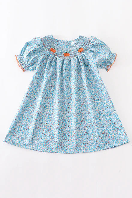 Blue floral smocked pumpkin dress