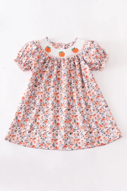 Pumpkin floral puff sleeve dress