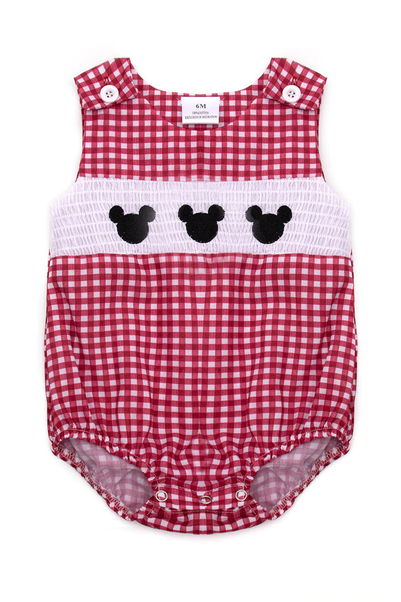 RED PLAID MOUSE SMOCKED BOY BUBBLE