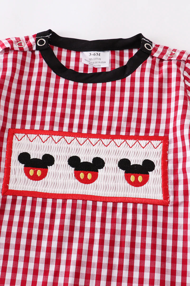 RED PLAID MOUSE SMOCKED ROMPER