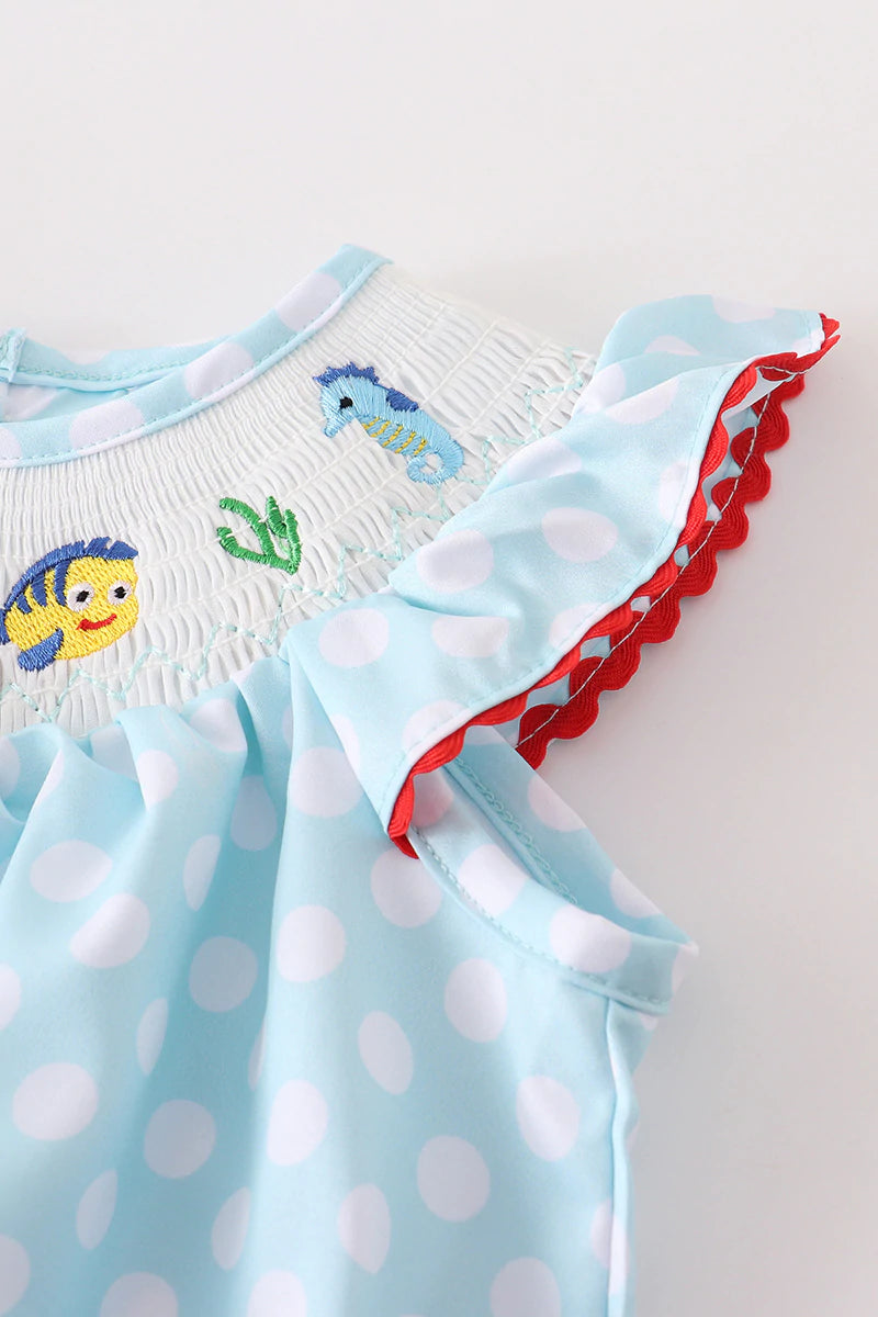 MINT GREEN POLKADOT MERMAID SMOCKED BABY ROMPER