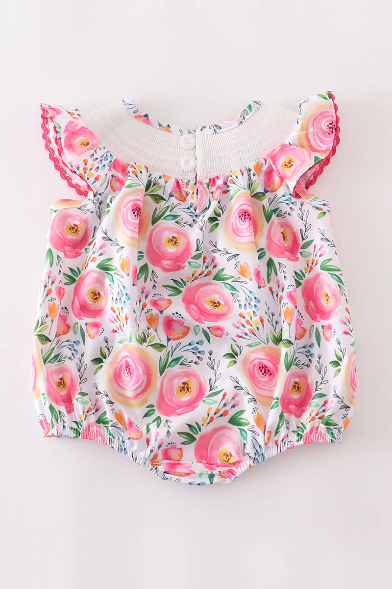 PINK FLORAL SMOCKED "MAMA'S BABY" ROMPER